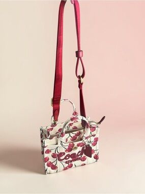 Coach Cherry-Print Mini Tote Crossbody in White & Red